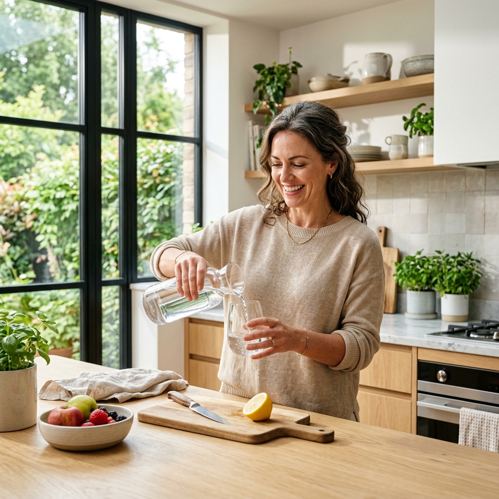 Healthy confident woman in modern kitchen